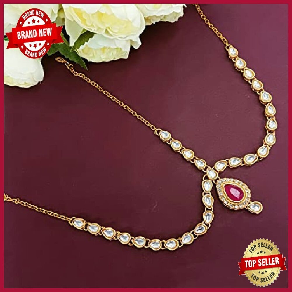 Vintage Crystal Kundan Head Chain Bridal Hair Accessory 6.1 Inch - Picture 7 of 8